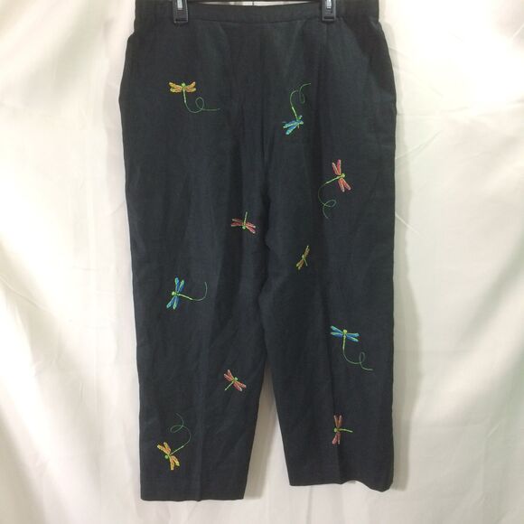 Alexandra Bartlett Linen Pants Embroidered Dragonflies Black Cropped Size 14W - Picture 3 of 4